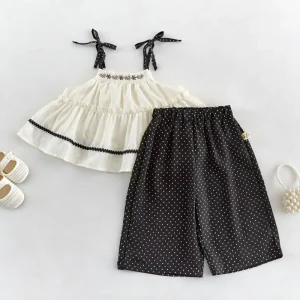 Summer Girl Baby Suit Embroidered Children’s Sleeveless Strap Dress Polka Dot Pants 2-Piece Kids Clothing Sets