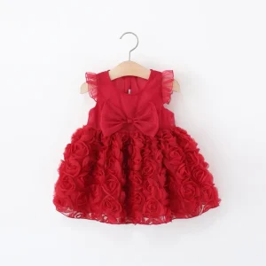Summer Girl Dress Breathable Baby Birthday Dance Dress Red Princess Dress