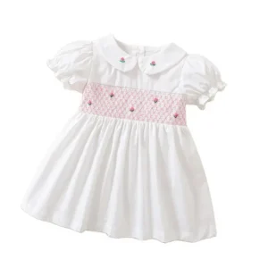 Summer Girl Dress Retro Embroidered Easter White Puff Short Sleeves Cotton Dresses for Kids