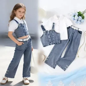 Summer Girl White Shirt with Pearl Bow Retro Denim Overalls and Trousers Set Girls Clothing Set 8 12Y