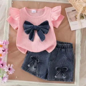Summer Girls 2 Piece Sets Short Sleeve Bow t Shirt Denim Wash Shorts Toddler Baby Clothing Outfits