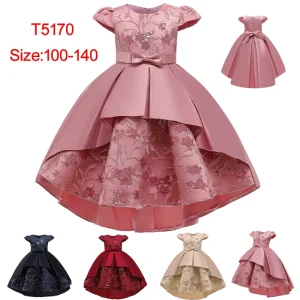 Summer Girls’ A Line Knee Length Cap Sleeve Bow Ruffle Princess Style Birthday Party Dress Peach Pink Satin Model T5170