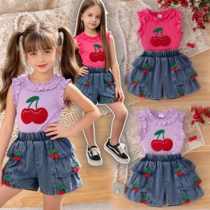 Summer Girls Casual Cute Cherry Cowboy Suit Floral Pattern Children’s Sleeveless Top Denim Cake Shorts Two Piece Set