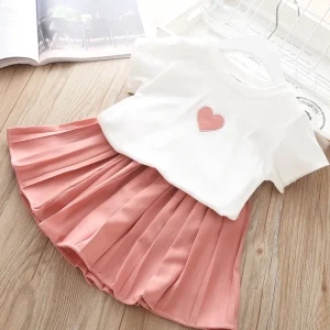 Summer Girls Children Heart Cotton T Shirt Kids Clothing Set