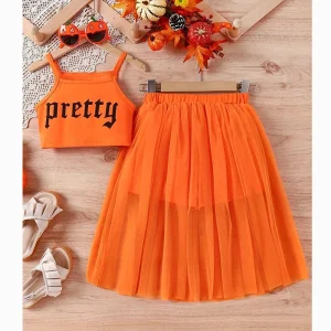 Summer Girls Children’s Clothing Set 5-14 Years Sleeveless Vest Mesh Skirts Two-Piece Breathable Summer Clothes