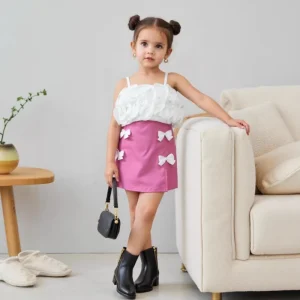 Summer Girls Children’s Clothing Set Casual Floral Two-Piece Outfit 3D Flower Camisole & Skirt