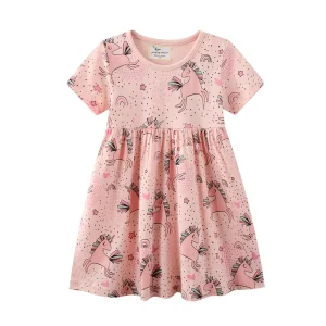 Summer Girls Clothing 100% Cotton Cartoon Print Girls Short Sleeve Dress 2T-7