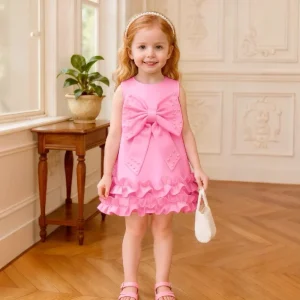 Summer Girls Clothing Sets New Sweet Girls Dresses Large Bow Beaded Sleeveless Cake Dress Kids Clothing Girls Clothing