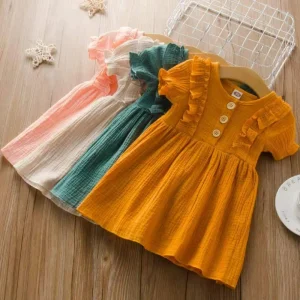 Summer Girls’ Cotton and Linen Solid Color Jumpsuit with Bubble Sleeves in Wooden Ears