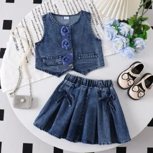 Summer Girls Denim Casual Sweet Soft Waistcoat Suit Children’s Three Dimensional Flower Vest Bow Pleated Skirt 2 7 Years