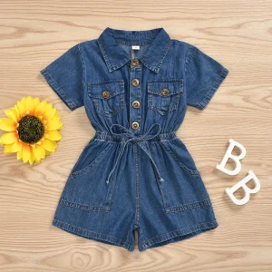 Summer Girls Denim One Piece Jumpsuits Short Sleeve Children’s Clothing for Foreign Trade Generation Hair