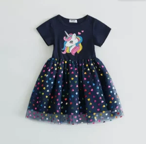Summer Girls Dress Cotton Cartoon Unicorn Splicing Mesh Party Princess Dresses for 2-6 Years Girls Birthday Clothes