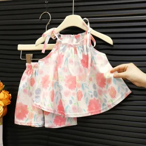 Summer Girls Fashionable Outfit Chic and Trendy Children’s Wear Set with Sleeveless Wide-leg Pants for Little Girls