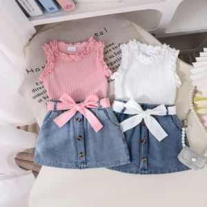 Summer Girls Flutter Sleeve Two Piece Set Ruffle Decor Top + Shorts Cute Casual Kids Summer Outfit