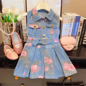 Summer Girls’ Korean Style Dress New Fashion Sleeveless Princess Little Girl Denim Dress