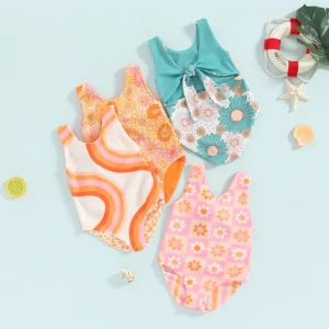 Summer Girls One Piece Swimwear Beachwear Kids Bikini Bathing Suit Reversible Checkered Daisy Floral Baby Girls Swimsuit