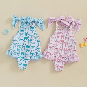 Summer Girls One Piece Swimwear Kids Bikini Tankini Bathing Suit Cross Back Pink Coquette Bow Floral