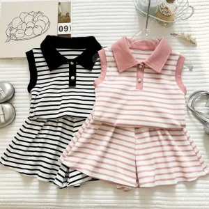 Summer Girls’ Outfit Striped Polo Vest T Shirt and Shorts Sports Casual Soft Pure Cotton Baby Girls Two Piece Set