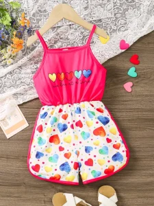 Summer Girls Outfits Colorful Heart Pattern Sleeveless Summer Jumpsuit for Girls 4-7Y