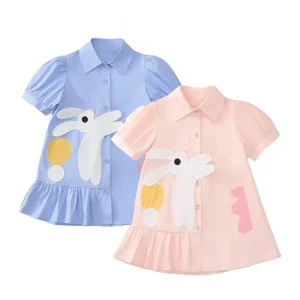 Summer Girls Pink Bunny Korean Style Dress Children’s Short Sleeved Shirt Dress Clothes Kids Girls