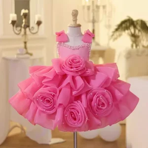 Summer Girls Princess Dress Children Bow 3D Flower Birthday Party Dress