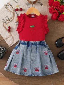 Summer Girls Ruffled Sleeveless T Shirt + Cherry Jeans Skirt 2 Pieces Outfit Clothing Set