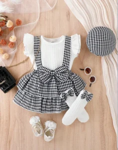 Summer Girls’ Set Four-Piece Set with Flutter Sleeve Top Plaid Suspender Skirt Socks and Hat