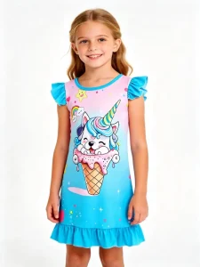 Summer Girls Sleepwear Soft Milk Silk Pajamas Children Sleepwear Dress Print Nightgown Girls Nightgowns Children’s Pajamas