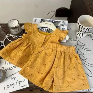 Summer Girls Solid Polyester/Cotton Set Short Sleeved Lace Tank Top and Shorts Casual Two-Piece for Little Girls