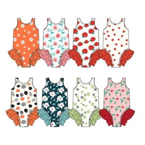 Summer Girls’ Swimwear Floral Pattern Sleeveless Lace Children’s Beach Swimwear One-piece Beach Clothing
