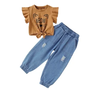 Summer Girls T-shirt Denim Pants 2-pcs Set Cartoon Printed Girls Tops and Trousers Set Girls Clothing Set