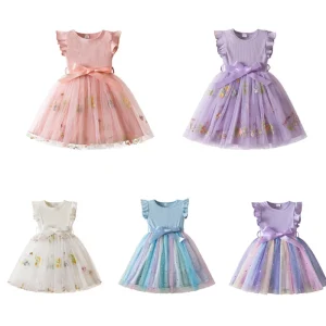 Summer Girls Tutu Dress Kids Ruffle Short Sleeve Turn Collar Button Floral Print Mesh Chiffon Fabric Age Group Children Bow