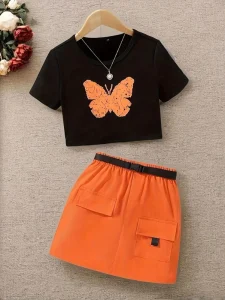 Summer Girls’ Two Piece Sets 5 14 Years Casual Breathable Polyester Skirt Pants Shorts Sleeve Holiday Wear Clothes