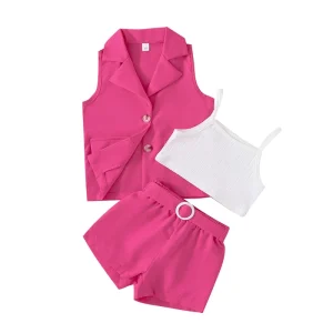 Summer Girls Vest Coat Camisole Shorts Three piece Set 4 to 7 Years Old Children’s Shorts Suit