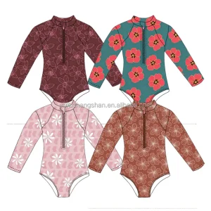 Summer Hawaii Printed Kids Girls Swimwear Long Sleeve One-Piece Baby Girls Zipper Bikini Swimsuits