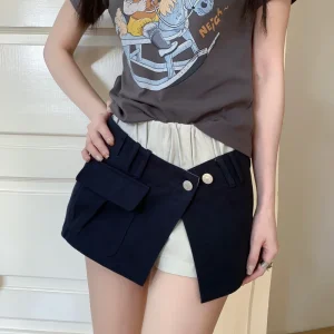 Summer Hot Girl Layered Contrast Color Asymmetrical Low Rise A Line Skirt Pants Slimming Two-Piece Shorts Set