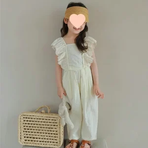 Summer Kids Apparel Casual Children’s Clothing Lace Flying Sleeve Tops and Pants Cotton Suit Girls Jumpsuits