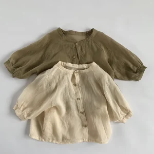 Summer Kids Boys Girls Casual Linen Solid Color Long Sleeve Thin Shirt Children Shirt