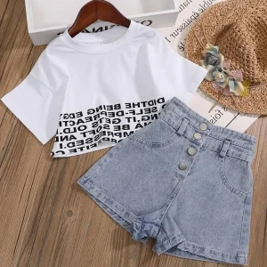 Summer Kids Clothes Set Teen Girl Crop Tops T-shirt + Denim Shorts 2pcs Girl Outfits Baby Girls Clothing 4 7 10 to 12 Year
