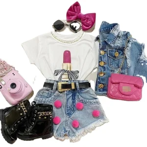 Summer Kids Clothing Sets Cartoon Children Outfits Short Sleeve T Shirts High Waist Denim Shorts Baby Girl Clothes