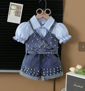 Summer Kids Fashion Clothes Sleeve Lapel Shirt Vest Top With Beaded Denim Skirt Girls Clothing