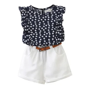 Summer Kids Girl 2 Pieces School Casual Clothing Set for Women Children With Flower Printing