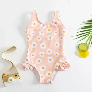 Summer Kids Girls Beach Vacation Swimming Flower-Patterned Sleeveless One-piece Swimsuit Party Swimwear