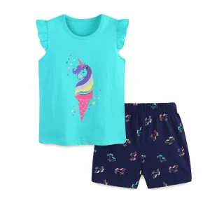 Summer Kids Girls Clothes Sweet Style Cartoon Print T shirt + Shorts Set Toddler Clothes Girls Clothing Sets
