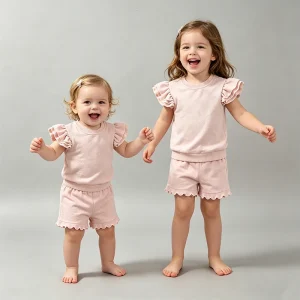 Summer Kids Girls Clothing Sets Cotton Solid Short Sleeves Pajamas 2 piece Custom Logo Breathable Children Girl Clothes Set
