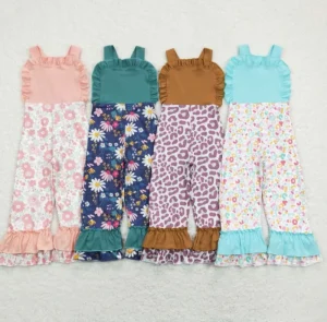 Summer Kids Girls Jumpsuits Floral Leopard Print Ruffle Sleeveless Rompers