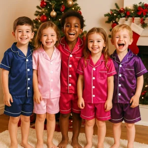 Summer Kids Pajamas Satin Silk Pajamas Kids Sleepwear Christmas Clothes Short Sleeve Children Boys Girls Pajama Set