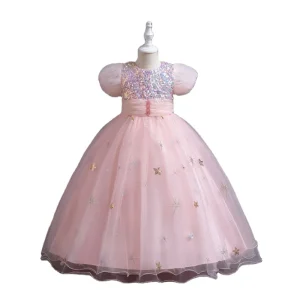 Summer Kids Party Princess Dress Toddler Flower Girl Sequin Lace Pearl Puff Sleeve Wedding Birthday Tutu Dress