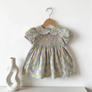 Summer Kids Skirts Puff Sleeve Floral Flower Pattern Princess Girls Dresses
