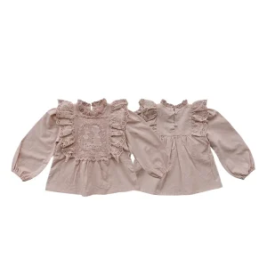 Summer Korean Children’s Princess Clothes Kids Girls Hollow Out Lace Shirts Ruffle Flying Sleeve Girl’s Tops
